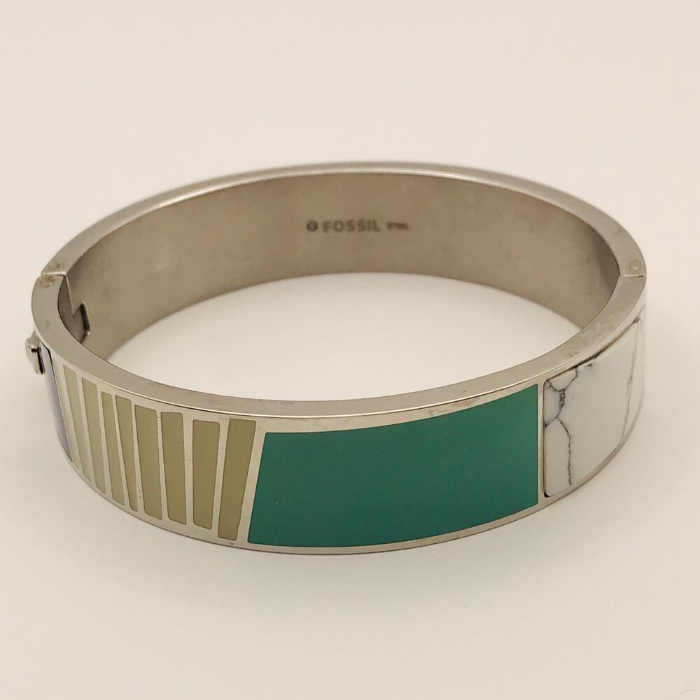 Fossil Brand -Stainless Steel - Geometric - Enamel - Color Block - Hinged Bangle